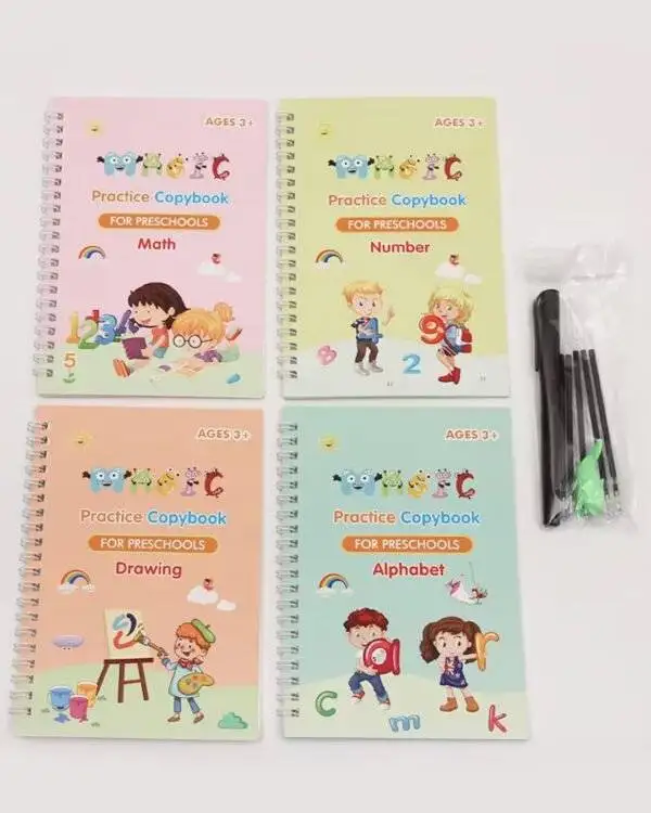 Magic Book (Set of 4 Books, 10 Refills, 1 Pen) Alphabets, Number, Drawing, Math | Age 3-5